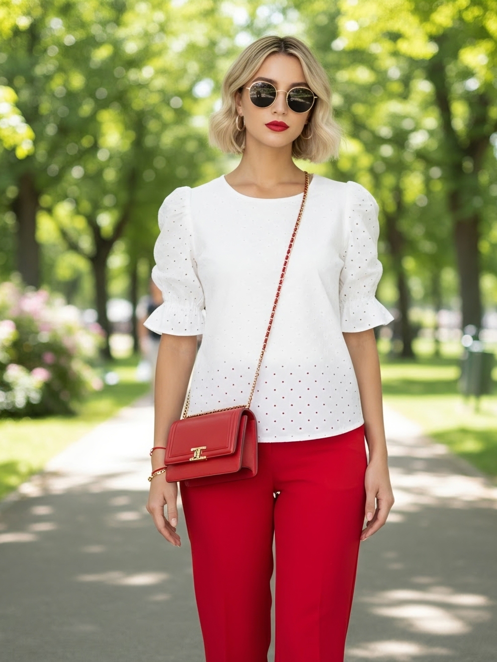 CeCe Women Size M White Eyelet Puff-Sleeve Blouse.